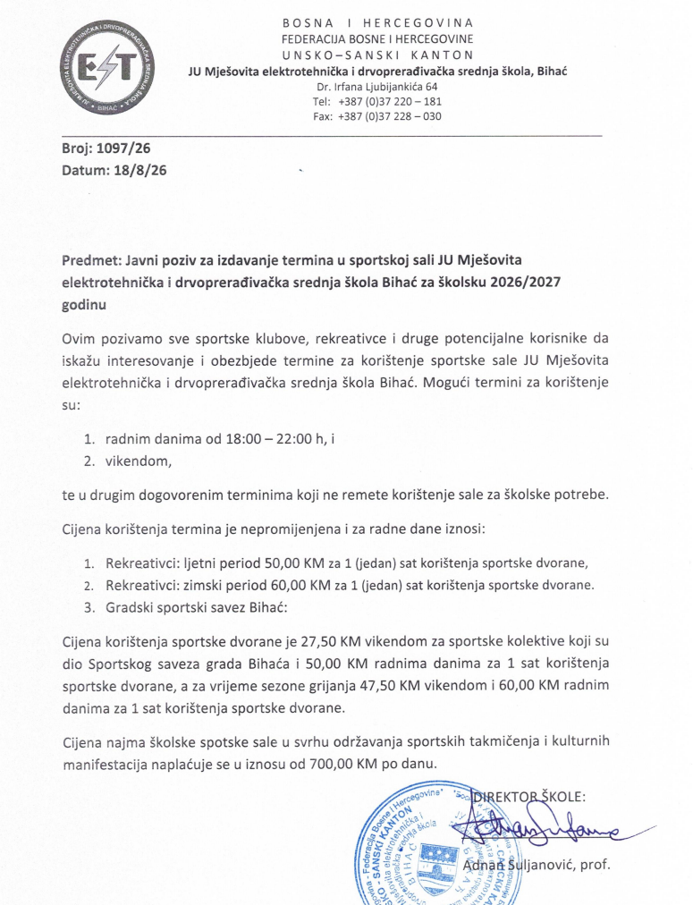 Javni poziv za izdavanje termina u sportskoj sali JU Mješovita elektrotehnička i drvoprerađivačka srednja škola Bihać, za školsku 2026/2027 godinu